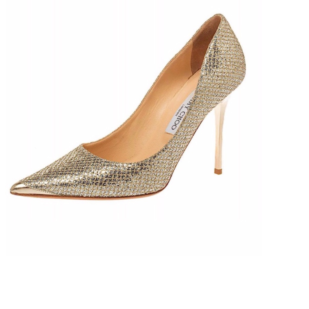 Jimmy Choo Gold New Metallic Lamé Glitter Fabric Abel Pointed Pumps